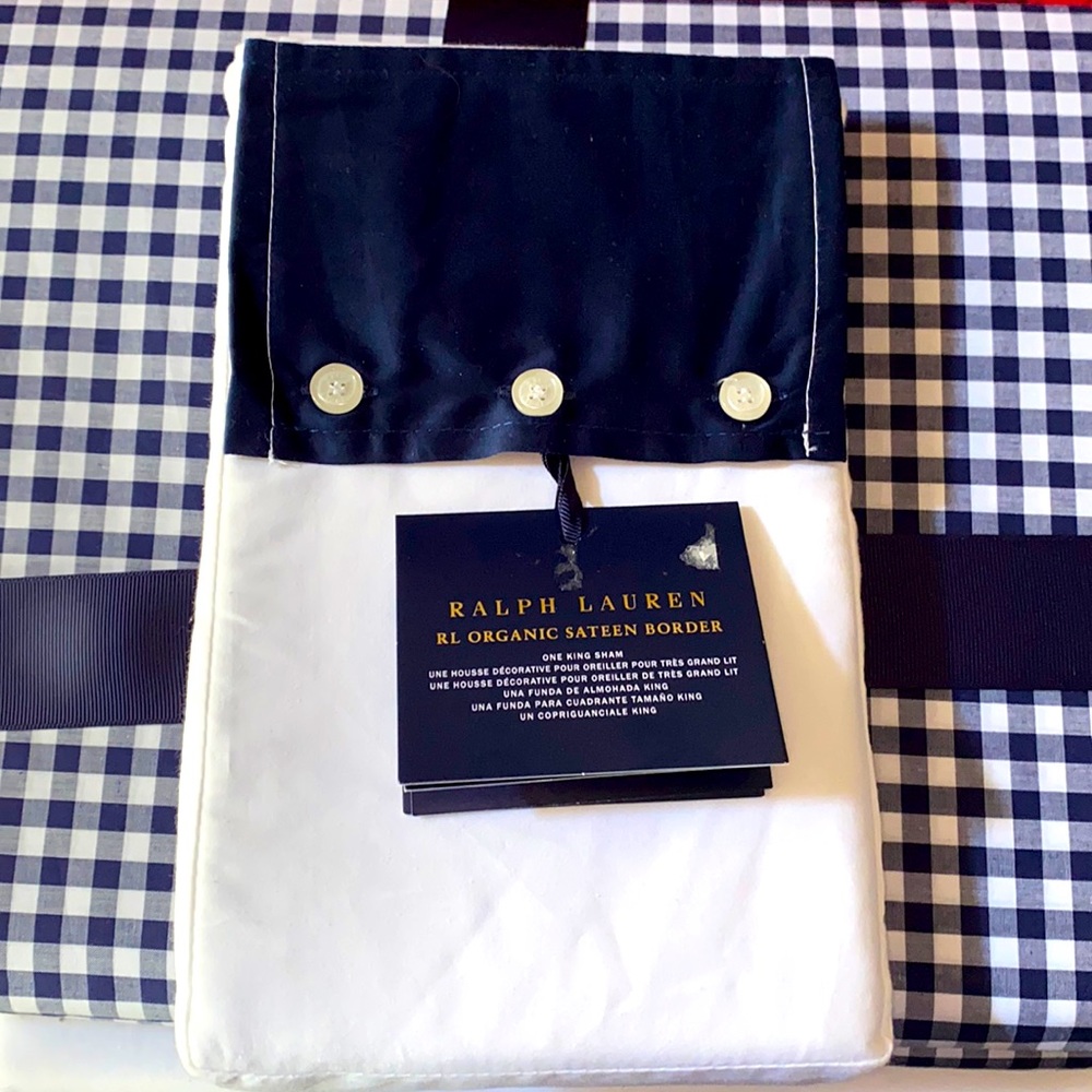 Ralph Lauren RL Organic Sateen Border King Sham White with Navy Blue Border - Picture 5 of 6